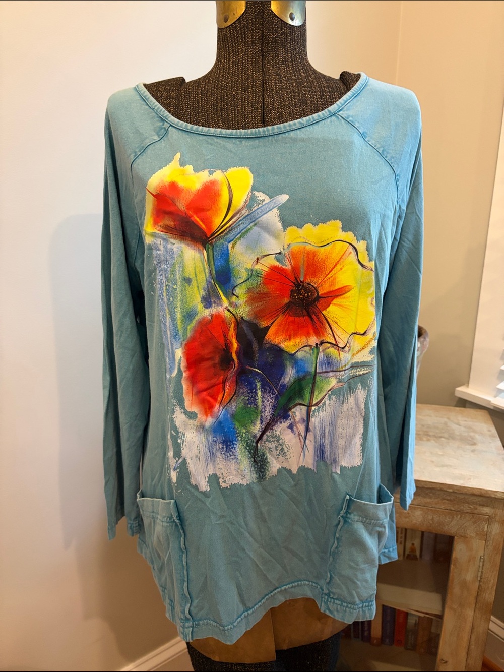 Avani Del Amour Boho Watercolor Floral Tunic Top – Blue/Green Size Small NWOT